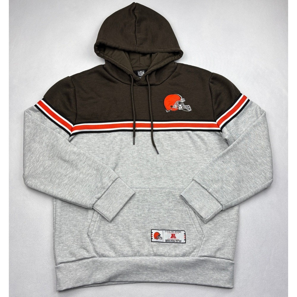 NFL Cleveland Browns Hoodie Mens Medium Brown Gray Colorblock Fleece Sweatshirt